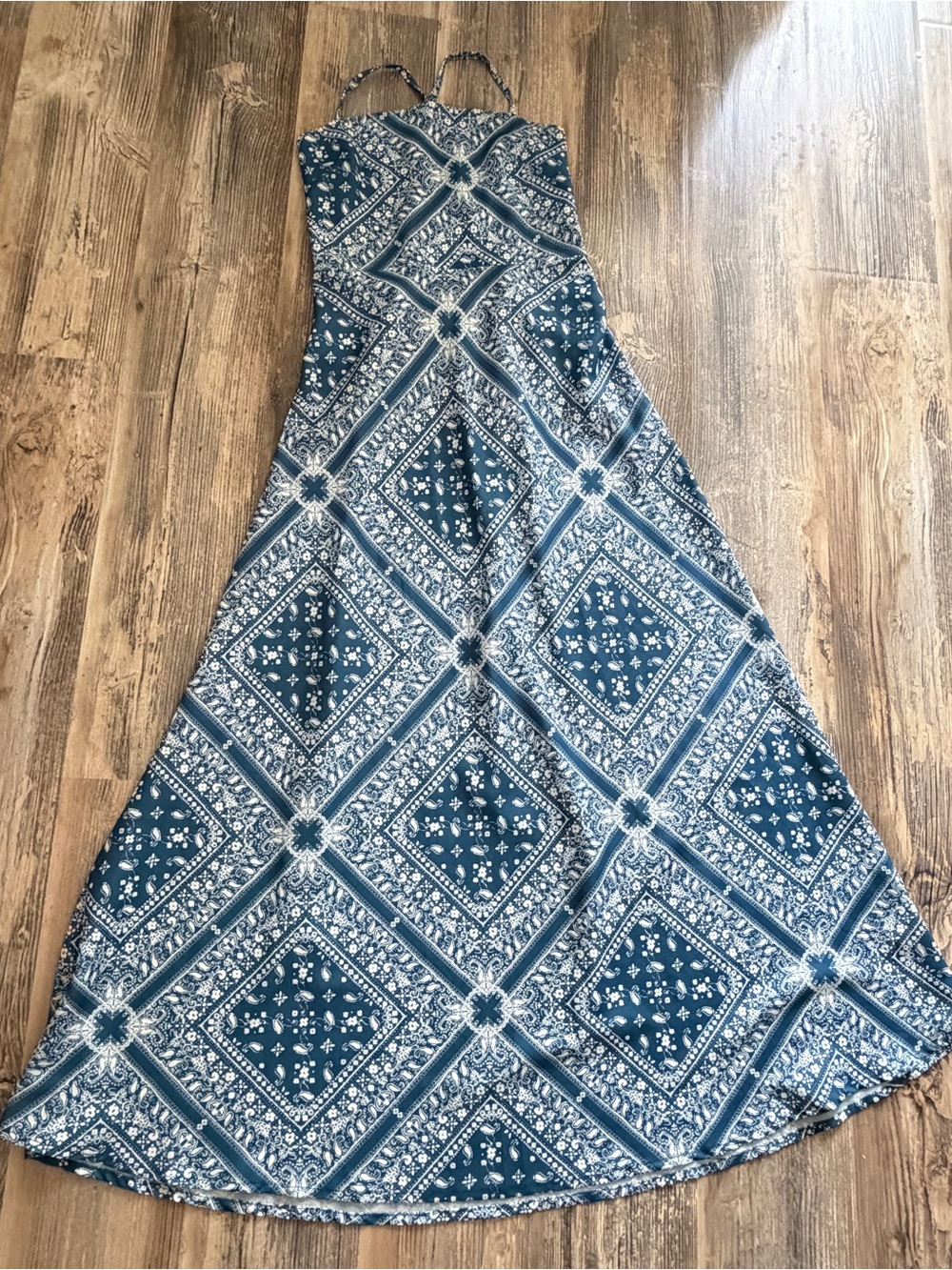 Blue Patterned Maxi Dress with Spaghetti Straps